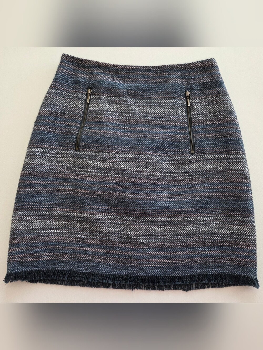 Loft Blue Tweed Fringe Pencil Skirt with Zip Pocket Detail